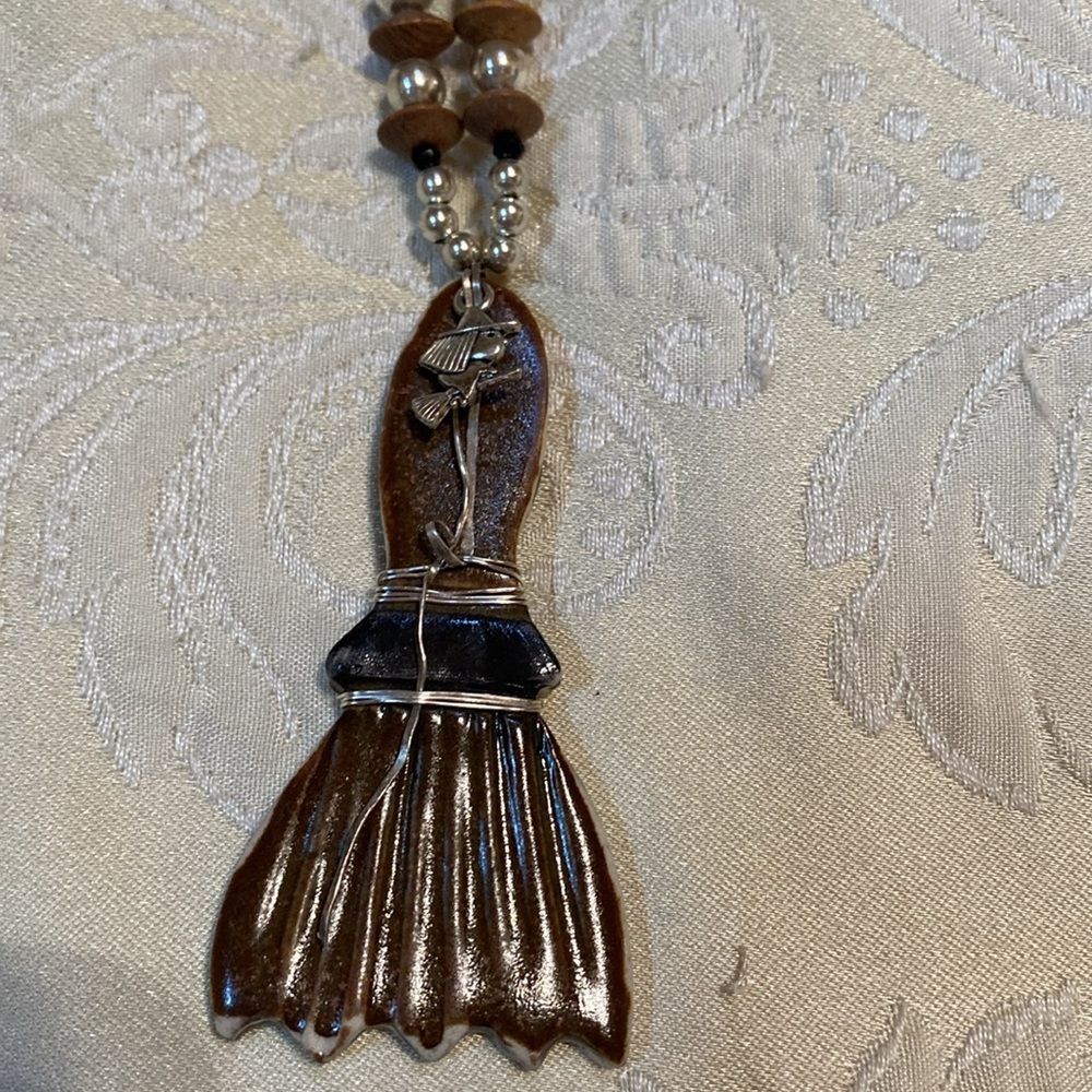 Pamela Reece Originals Porcelain Witch Broom Necklace and earring set